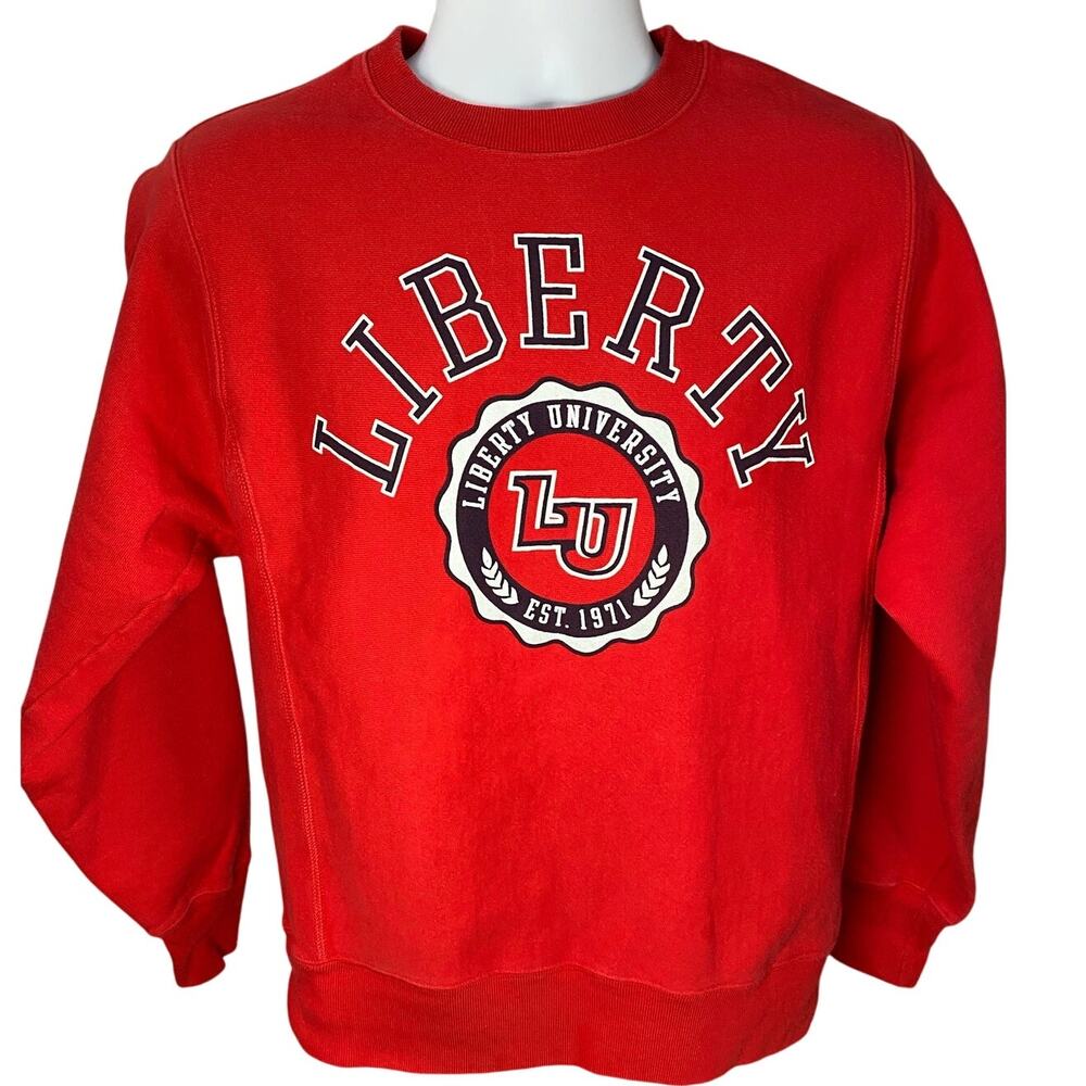 Men’s Champion Reverse Weave Small Red Liberty University Flames crewneck